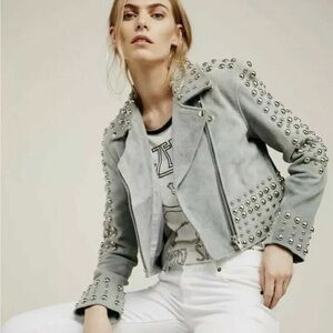 Studded light blue Women'sfwux suede  Jacket